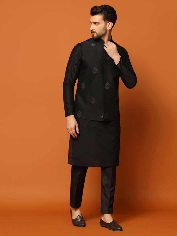 Black Embroidered Nehru Jacket Set with Kurta & Trouser