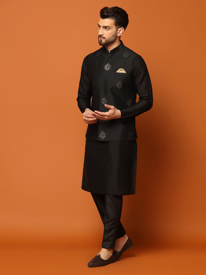 Black Embroidered Nehru Jacket Set with Kurta & Trouser