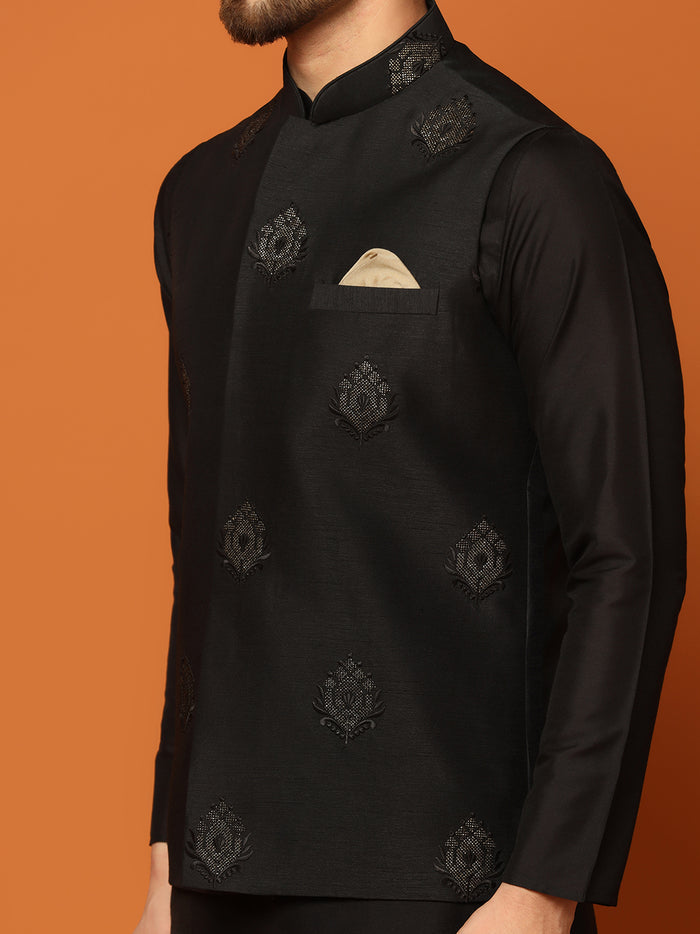 Black Embroidered Nehru Jacket Set with Kurta & Trouser