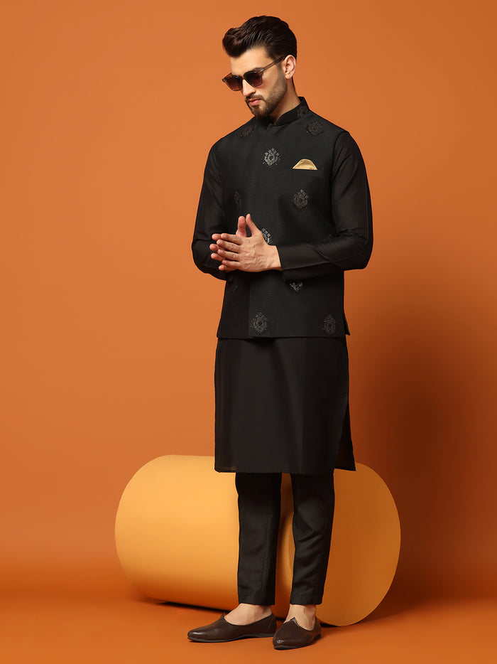 Black Embroidered Nehru Jacket Set with Kurta & Trouser