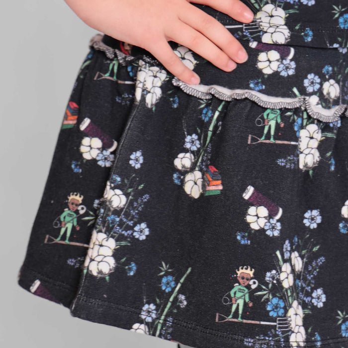 Close-up of floral print pattern on black jersey cotton fabric