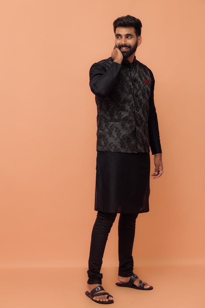 Black Jacquard Floral Jacket Kurta Churidar