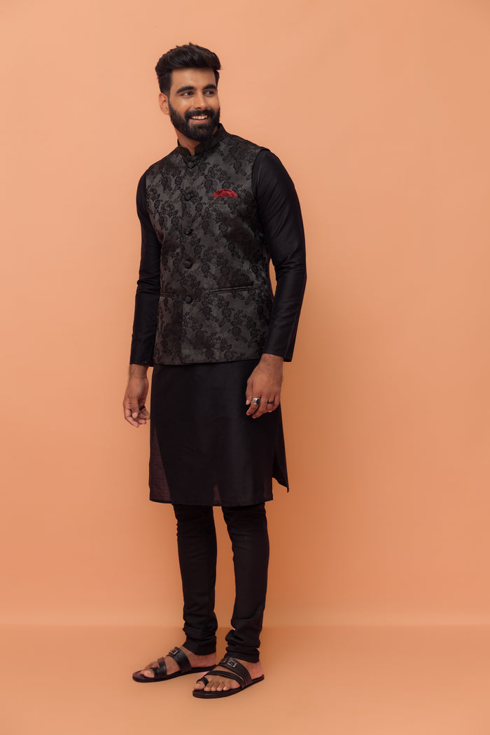 Black Jacquard Floral Jacket Kurta Churidar