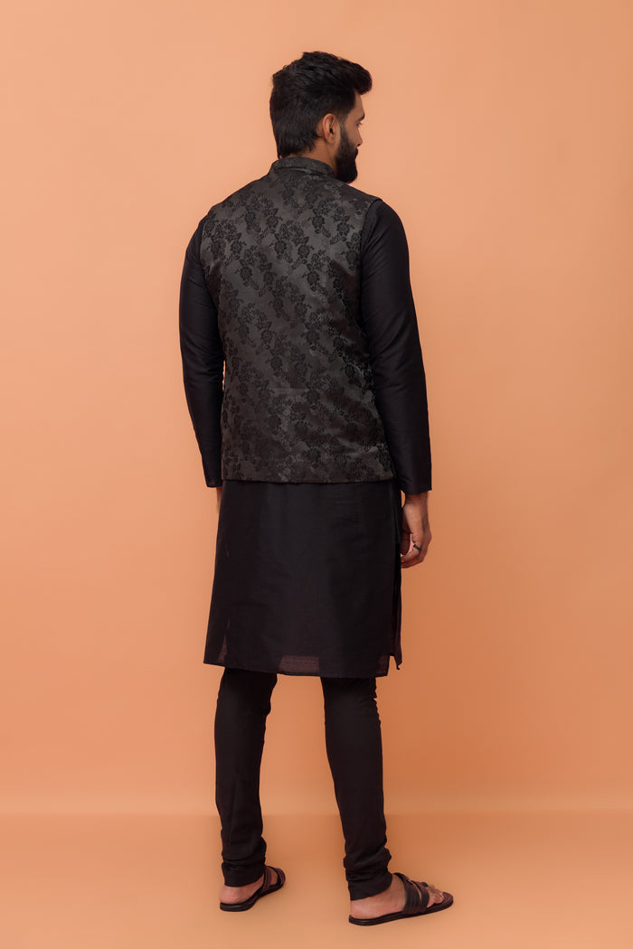 Black Jacquard Floral Jacket Kurta Churidar