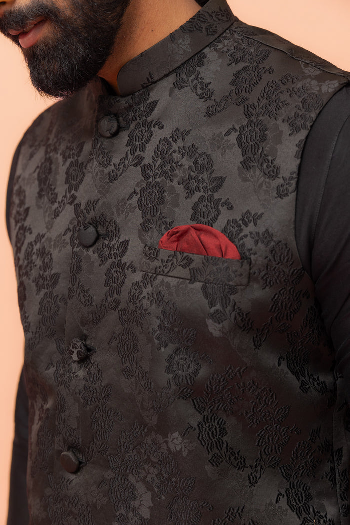 Black Jacquard Floral Jacket Kurta Churidar