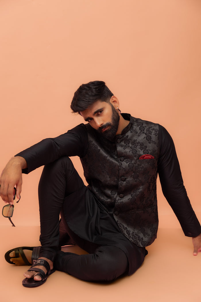 Black Jacquard Floral Jacket Kurta Churidar