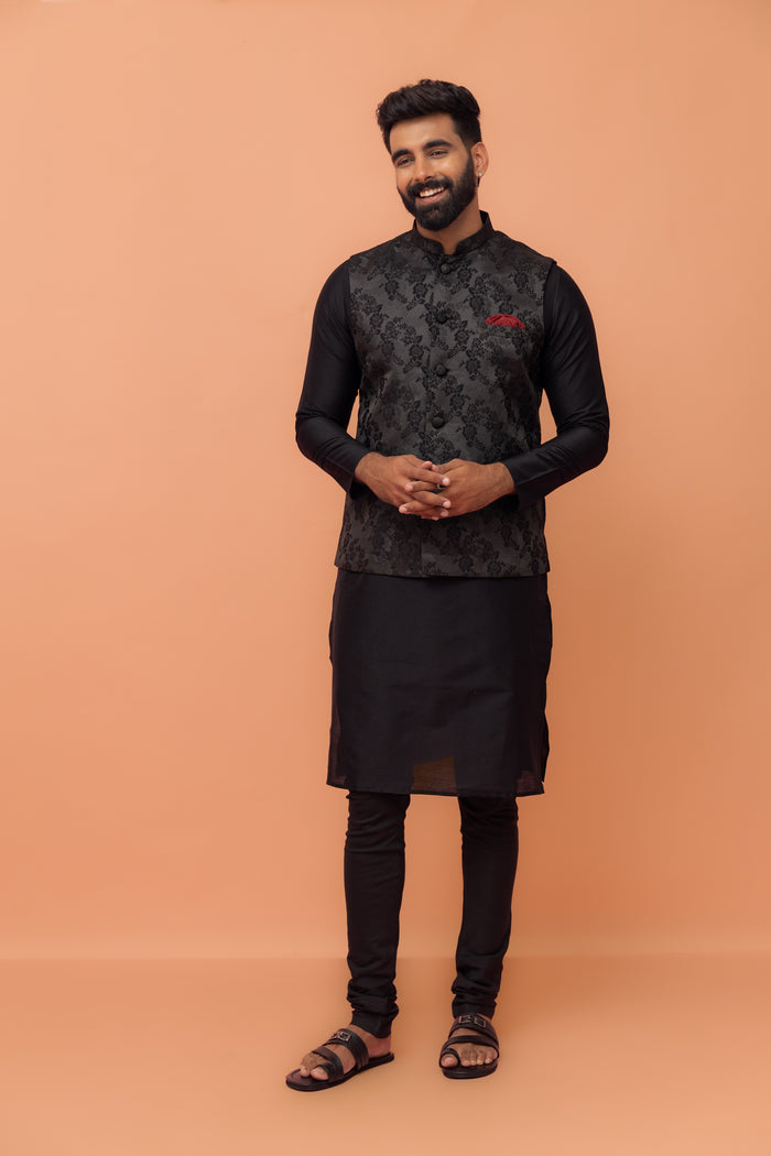Black Jacquard Floral Jacket Kurta Churidar