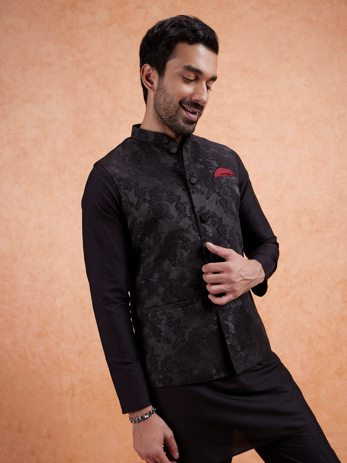 Black Jacquard Floral Nehru Jacket