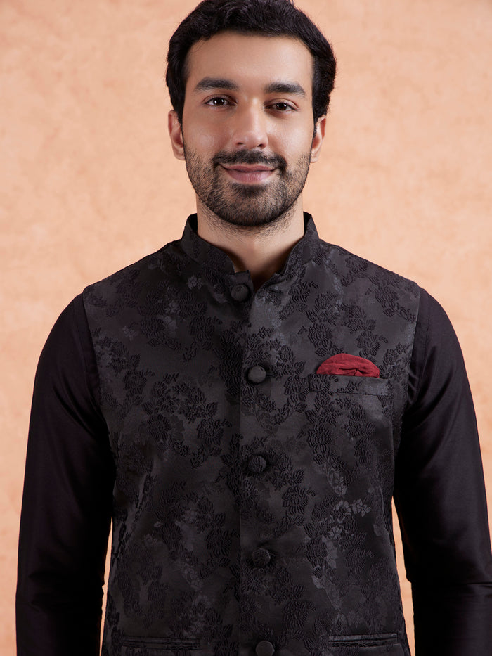 Black Jacquard Floral Nehru Jacket