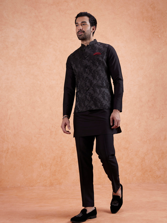 Black Jacquard Floral Nehru Jacket