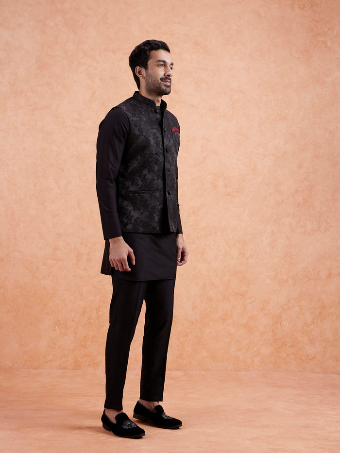 Black Jacquard Floral Nehru Jacket