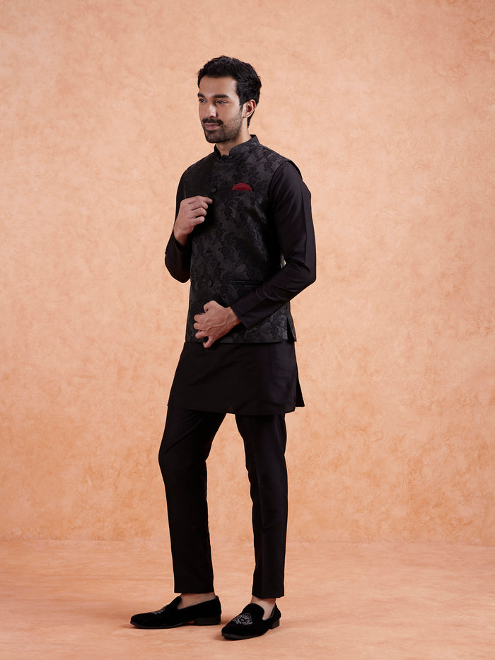 Black Jacquard Floral Nehru Jacket