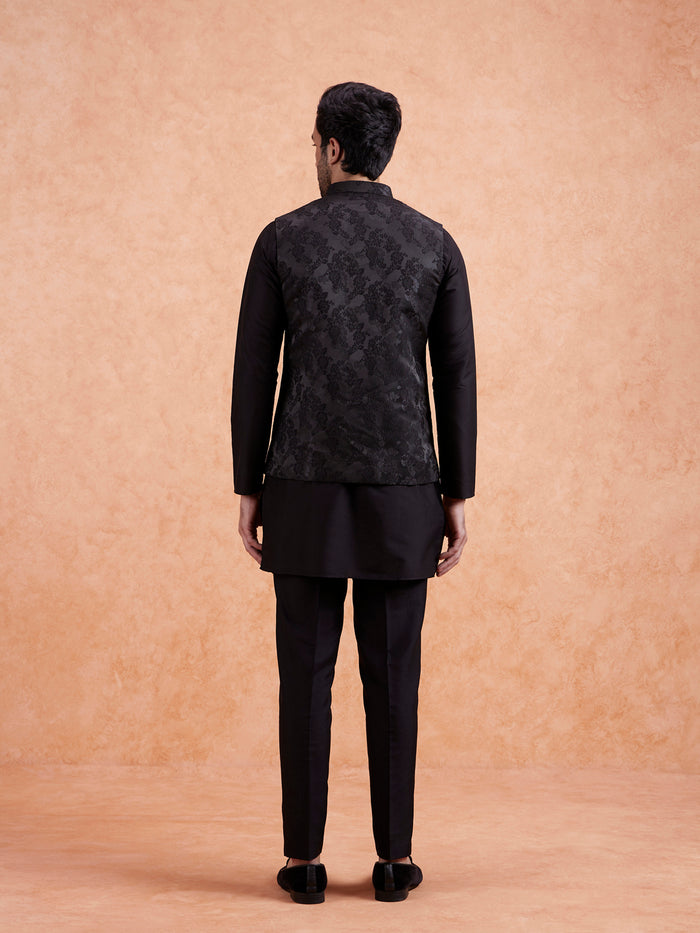 Black Jacquard Floral Nehru Jacket