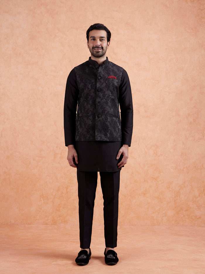 Black Jacquard Floral Nehru Jacket