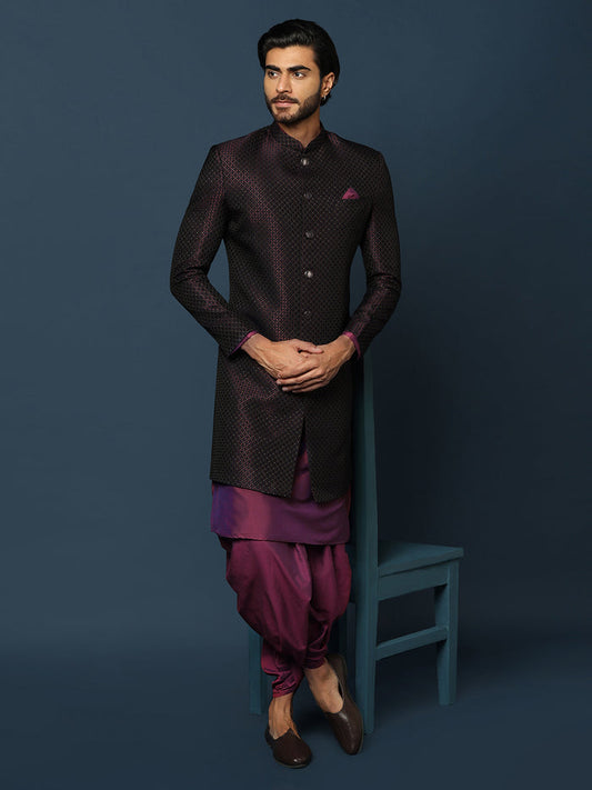 Black Jacquard Indo-Western Sherwani Set with Maroon Silk Blend Kurta and Dhoti Pants â€“ Wedding & Reception Ensemble
