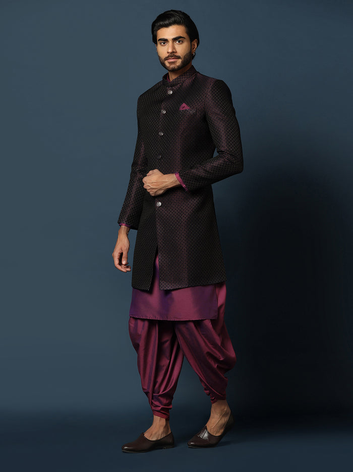 Black Jacquard Indo-Western Sherwani Set with Maroon Silk Blend Kurta and Dhoti Pants â€“ Wedding & Reception Ensemble