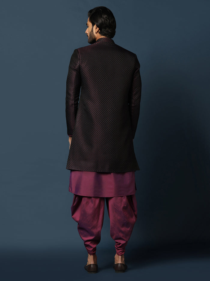 Black Jacquard Indo-Western Sherwani Set with Maroon Silk Blend Kurta and Dhoti Pants â€“ Wedding & Reception Ensemble