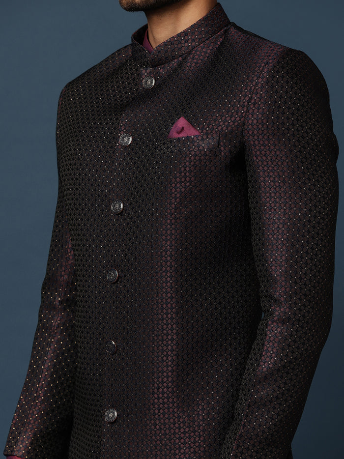 Black Jacquard Indo-Western Sherwani Set with Maroon Silk Blend Kurta and Dhoti Pants â€“ Wedding & Reception Ensemble