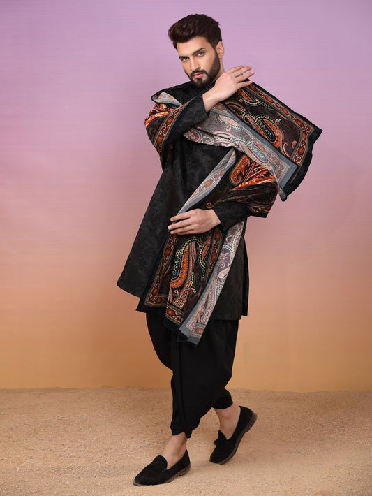 Black Jacquard Sherwani Dhoti Dupatta Set