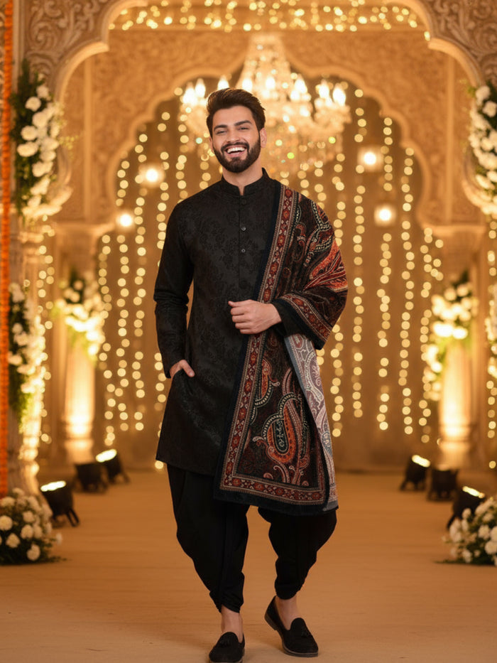 Black Jacquard Sherwani Dhoti Dupatta Set