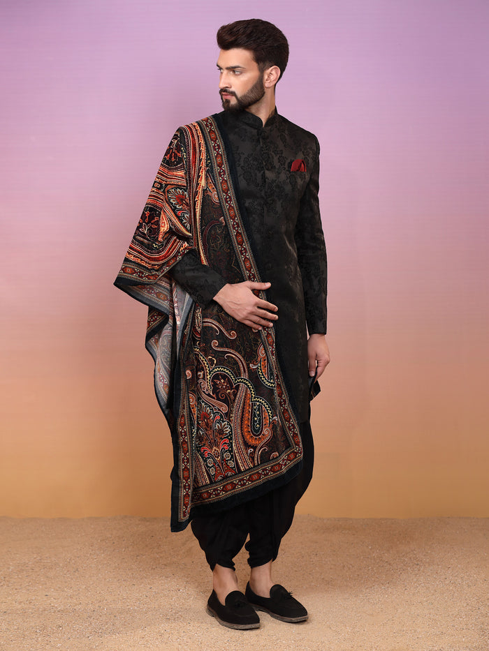Black Jacquard Sherwani Dhoti Dupatta Set