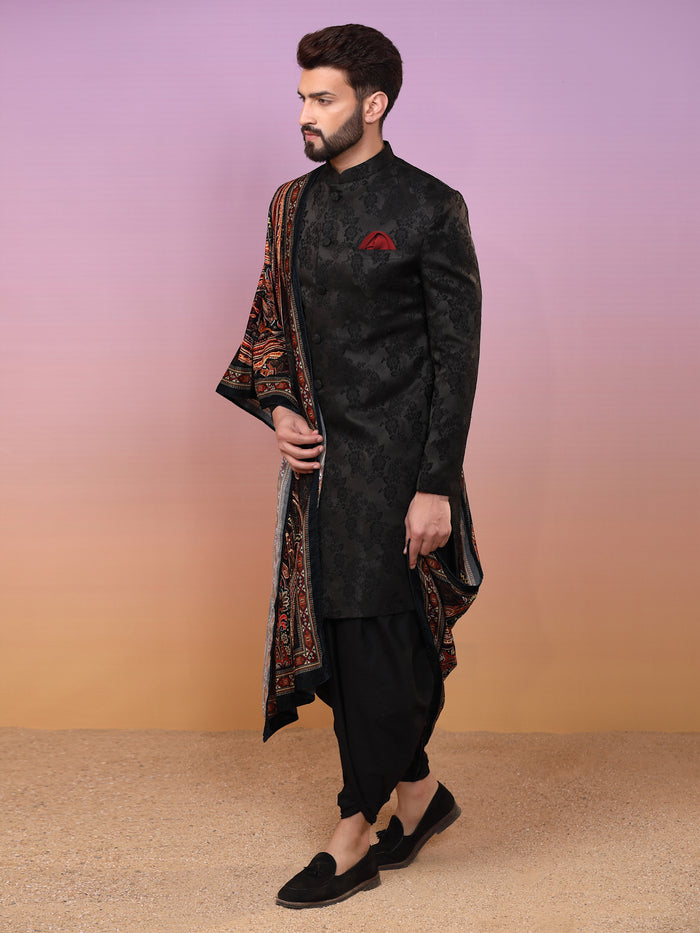 Black Jacquard Sherwani Dhoti Dupatta Set