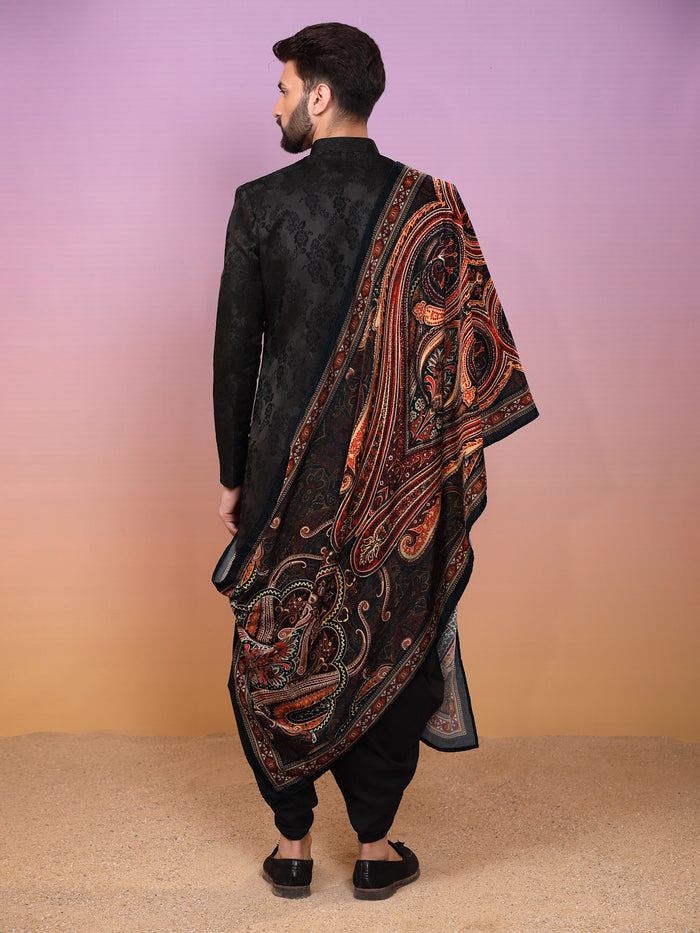Black Jacquard Sherwani Dhoti Dupatta Set