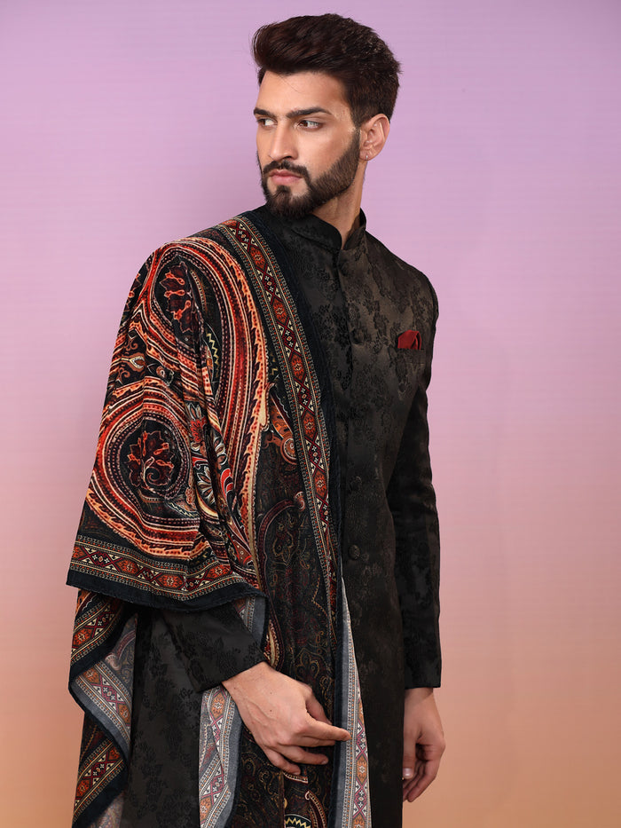Black Jacquard Sherwani Dhoti Dupatta Set