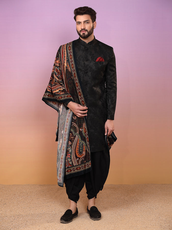 Black Jacquard Sherwani Dhoti Dupatta Set