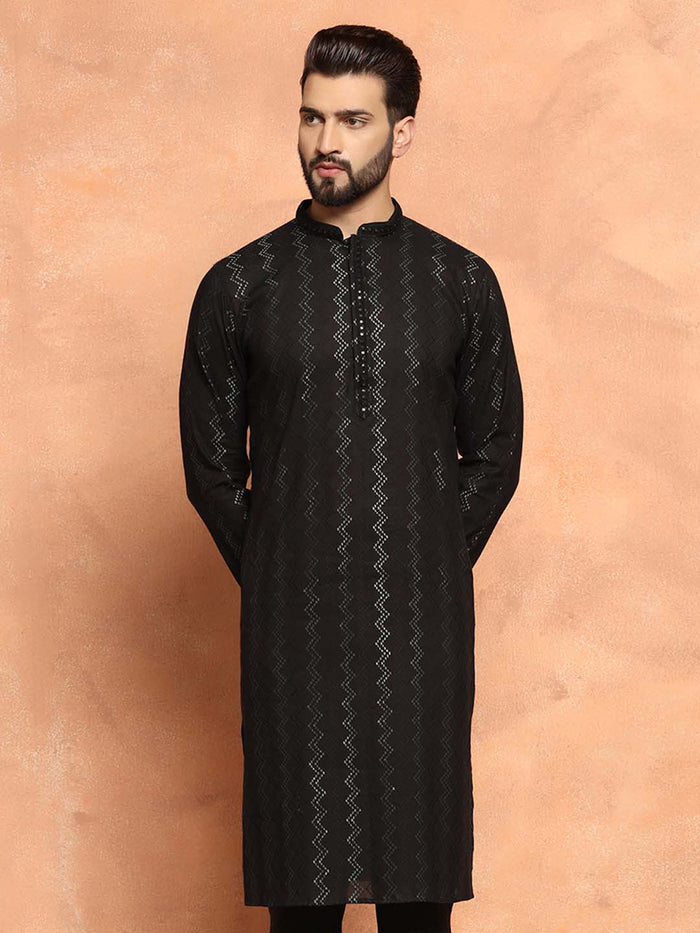 Black Jacquard Woven Silk Blend Kurta