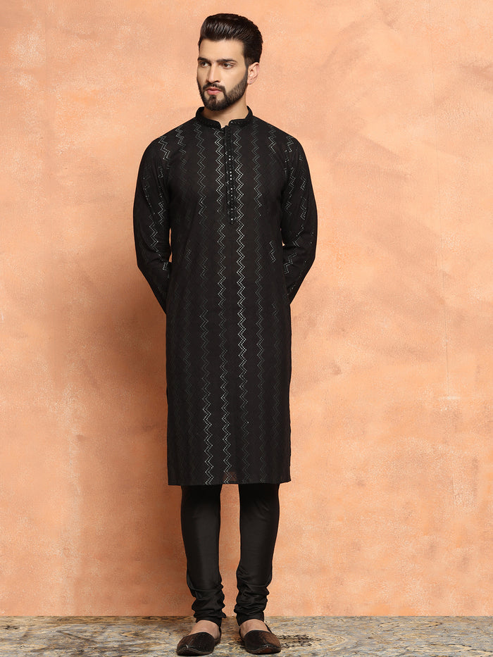 Black Jacquard Woven Silk Blend Kurta