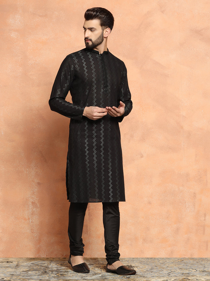 Black Jacquard Woven Silk Blend Kurta