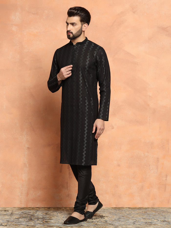 Black Jacquard Woven Silk Blend Kurta