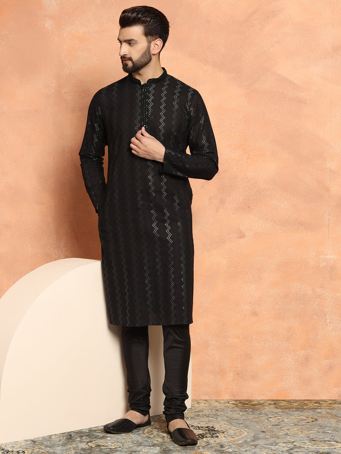 Black Jacquard Woven Silk Blend Kurta
