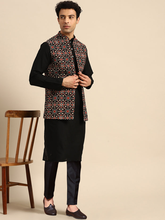 Black Multicolour Motif Jacket Kurta Trouser Set