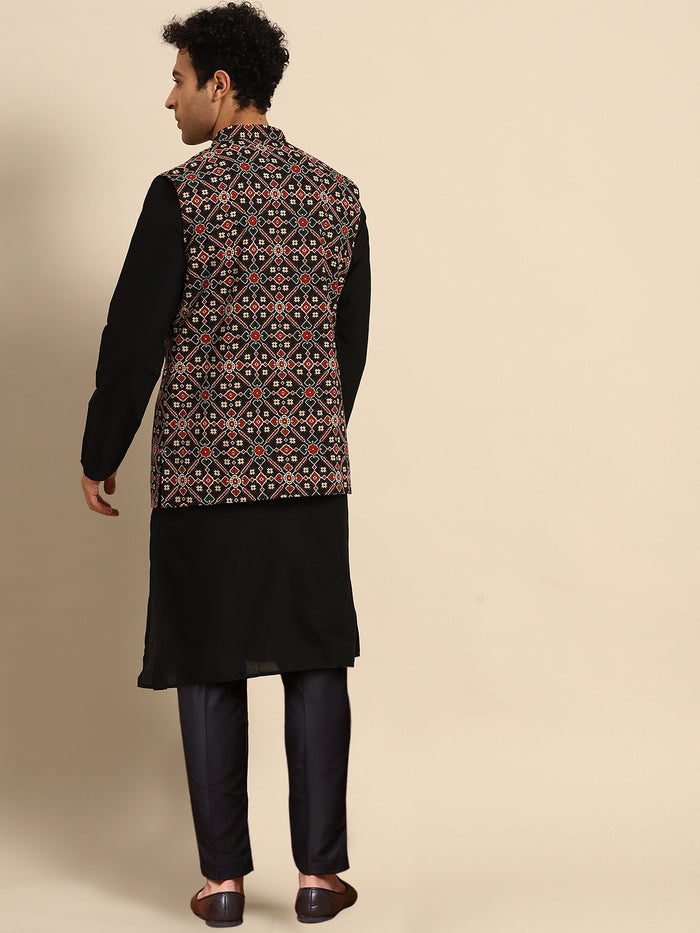 Black Multicolour Motif Jacket Kurta Trouser Set