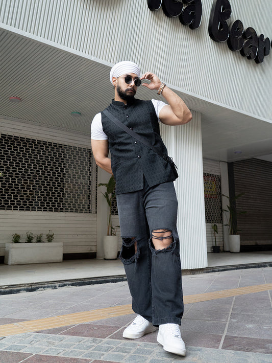 Black Silk Blend Textured Nehru Jacket