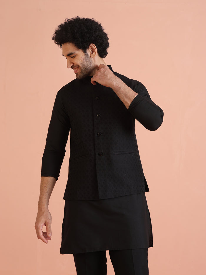 Black Silk Blend Textured Nehru Jacket