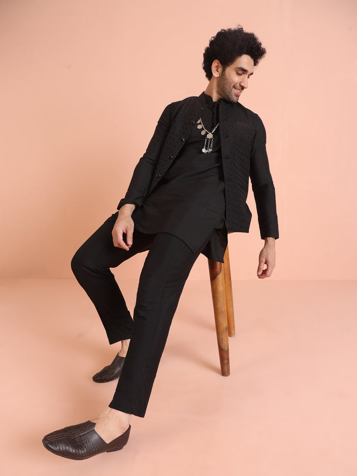 Black Silk Blend Textured Nehru Jacket