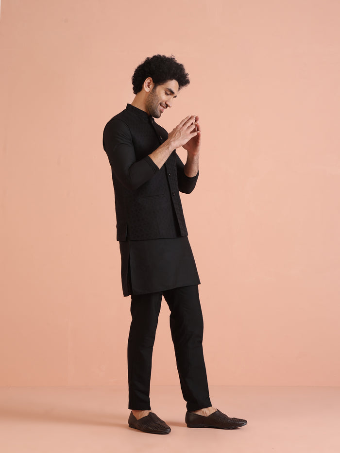 Black Silk Blend Textured Nehru Jacket