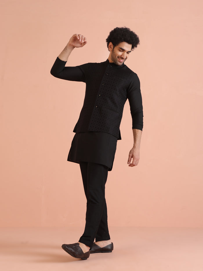 Black Silk Blend Textured Nehru Jacket