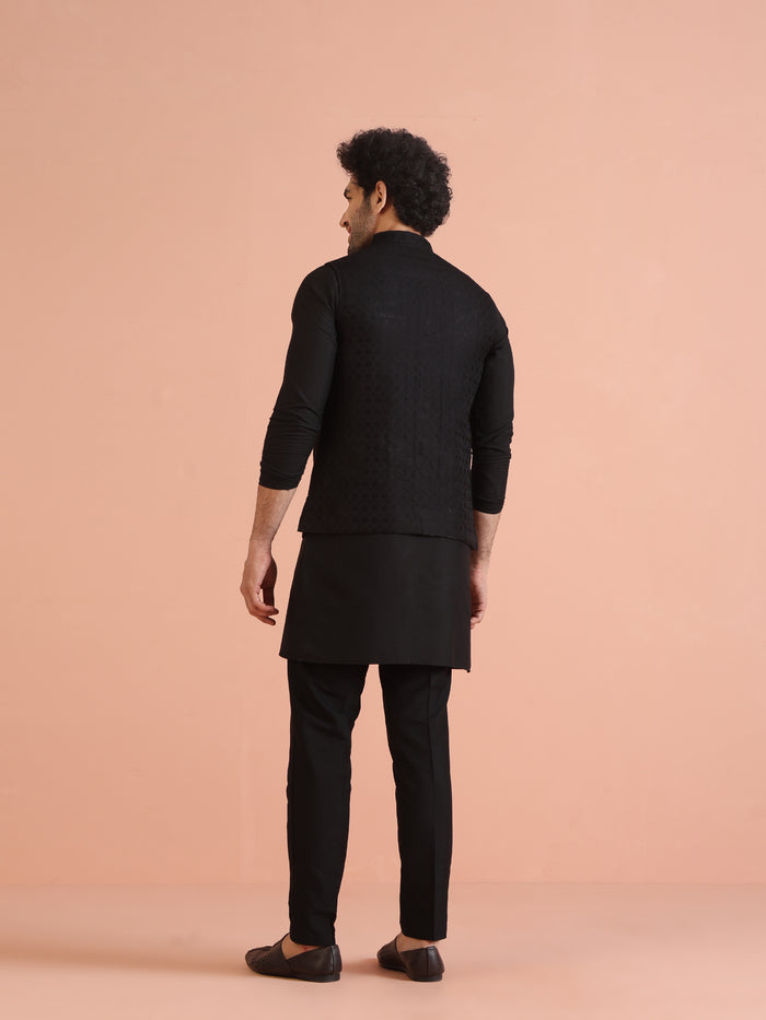 Black Silk Blend Textured Nehru Jacket