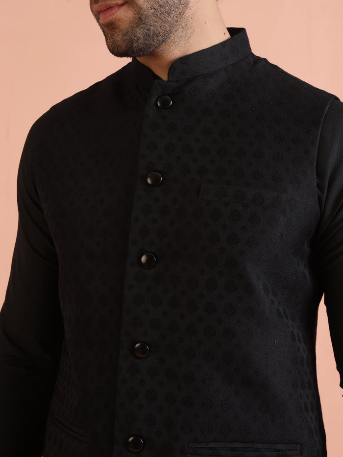 Black Silk Blend Textured Nehru Jacket