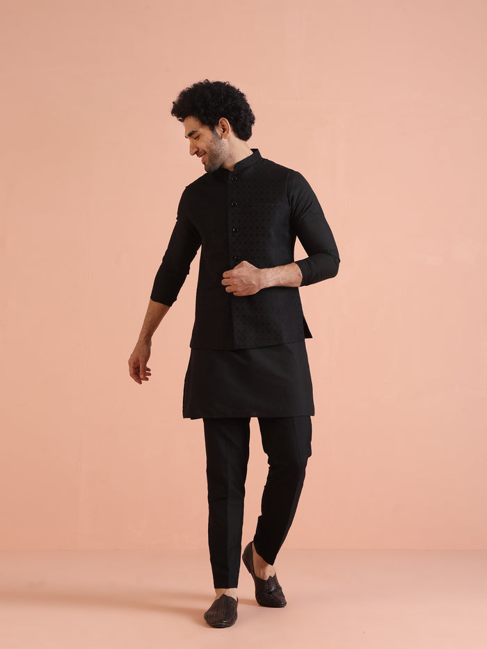 Black Silk Blend Textured Nehru Jacket