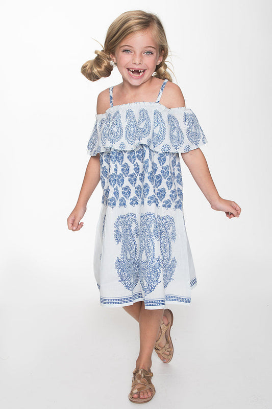 Blue and White Paisley Off-shoulder Dress Shirt-Dress Yo Baby Wholesale