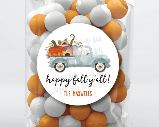 Blue Farm Truck, Script Happy Fall Y'All Stickers or Tags - Scrap Bits