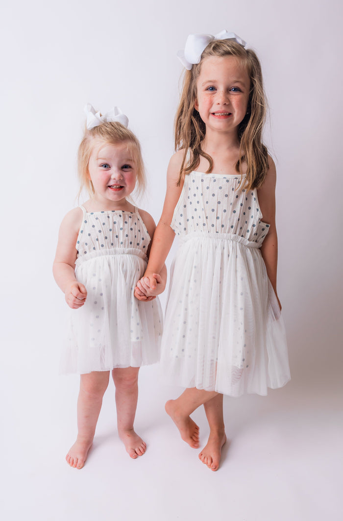 Blue Polka Dot Print Net Ruffle Gathered Dress dress & diaper cover Yo Baby India