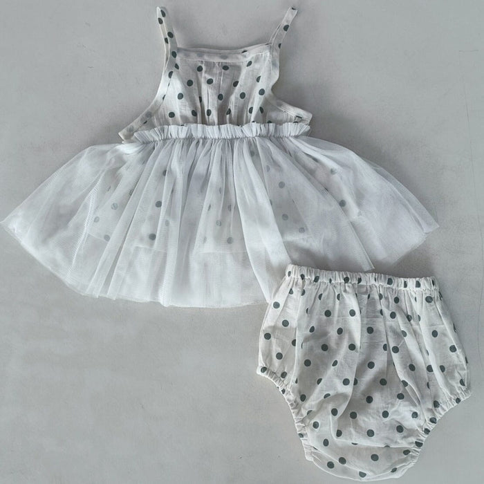 Blue Polka Dot Print Net Ruffle Gathered Dress dress & diaper cover Yo Baby India