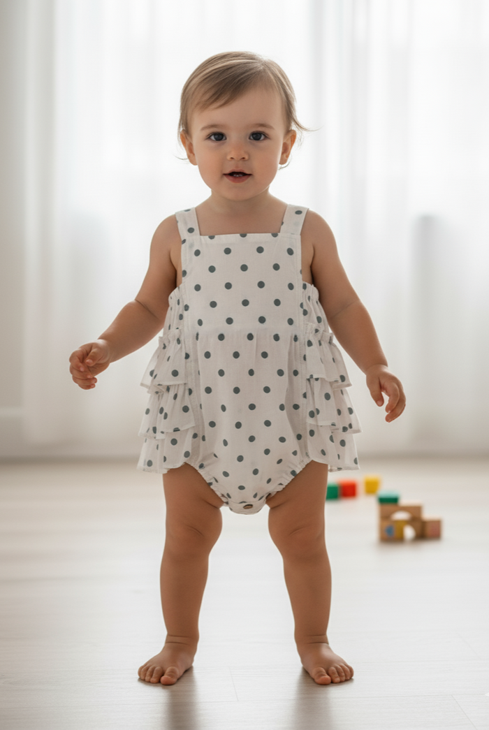 Blue Polka Dot Print Ruffled Romper – 100% Cotton Shell & Lining | Coconut Shell Buttons