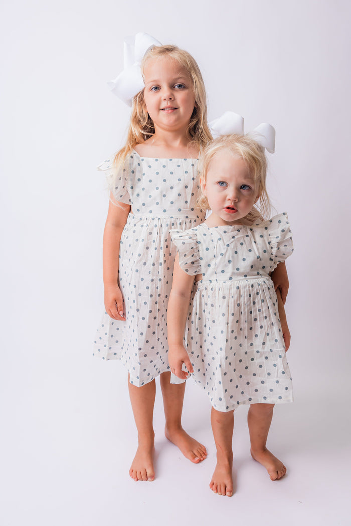 Blue Polka Dot Print Ruffled Racer Back Gathered Dress dress & diaper cover Yo Baby India